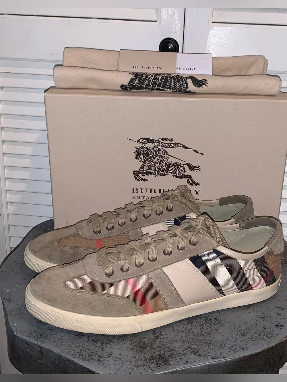 Burberry Nova Check Low Top Sneakers Suede Canvas Tan Brown Plaid Size 45/12